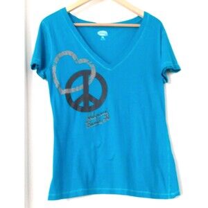 Wings Hollywood Beach, FL Love & Peace Woman's XL Teal Blue V-Neck Tee